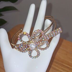 Rhinestone Flower Cuff Bracelet Gold Colored